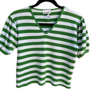 The Works Vintage Womens Green White Striped Pleated Puff Sleeve V-Neck Crop Top